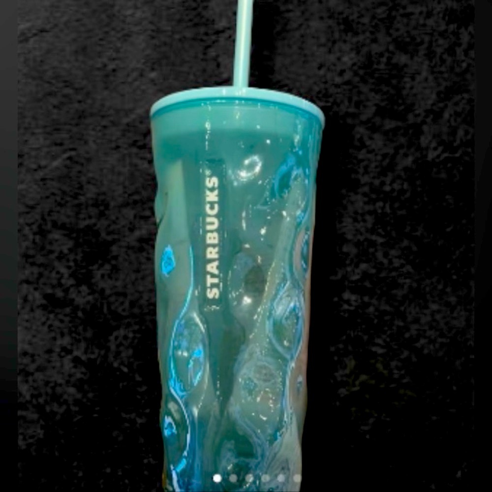 ❌SOLD❌Starbucks Mottled Green Glass Cup Luster Rippled Tumbler Iridescent New - Picture 3 of 11